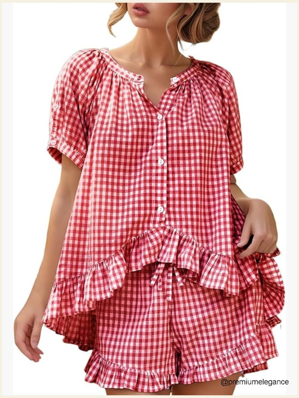 Womens Gingham Pajama Set 2 Piece Cotton Ruffle Babydoll Shirt Shorts